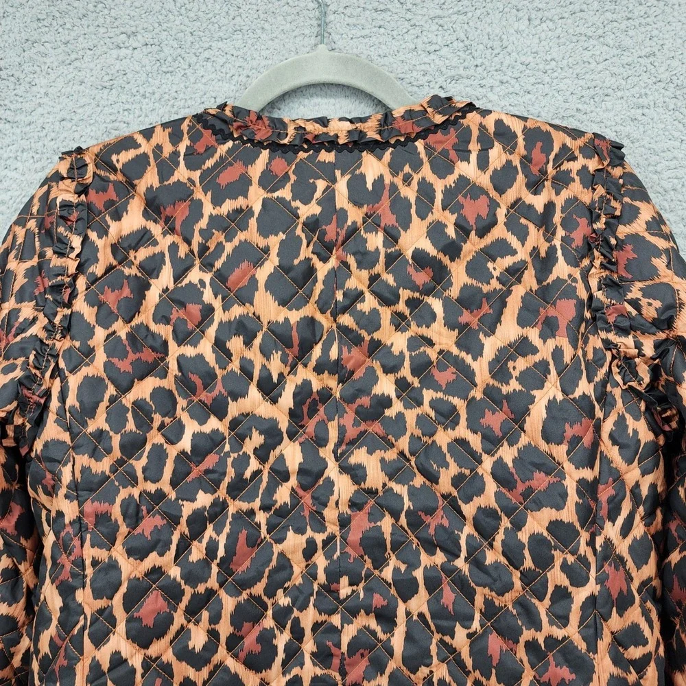 J.Crew Re-Imagined Quilted‎ Leopard Print Ruffle Trim Jacket Size 6 Animal Print